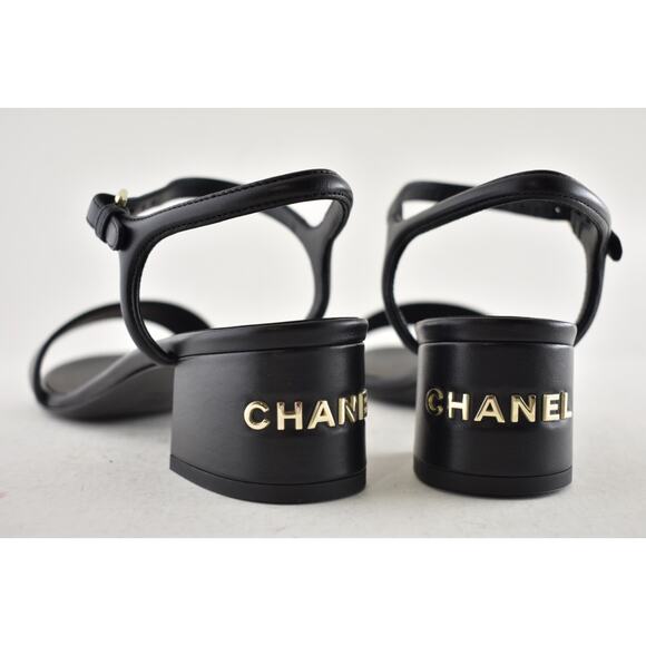 Chanel 24C Black Lambskin Leather Gold Logo Ankle Strap Block Heel Sandal 38 - Picture 11 of 14